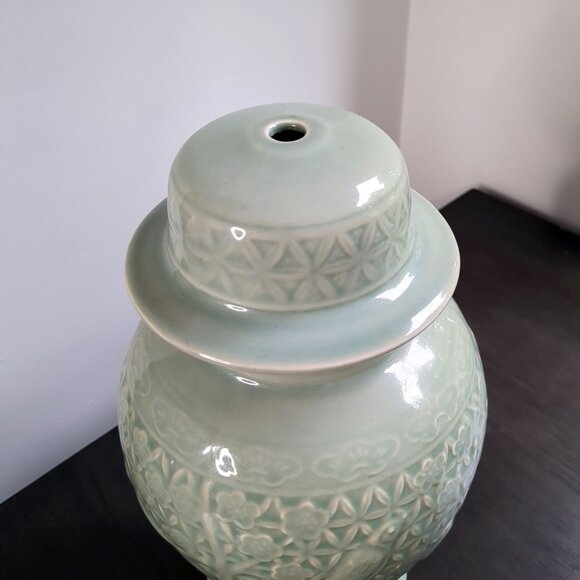 Wildwood Home Celadon Glazed Ginger Jar Lamp Base w/ Floral Fauna Engraving - Picture 6 of 12